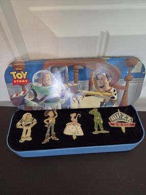 Vintage Disney Toy Story Character Pin Set - Blue Tin Case